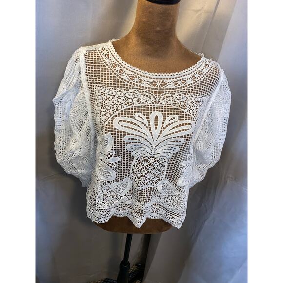 Farm Rio White Guipure Lace Blouse NWT $240 Stunning Boho Chic Top M Embroidered - Picture 4 of 11